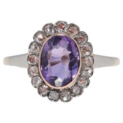 Antique Circa 1900s 14k Gold Natural Rose Cut Diamond And Oval Cut Amethyst Ring