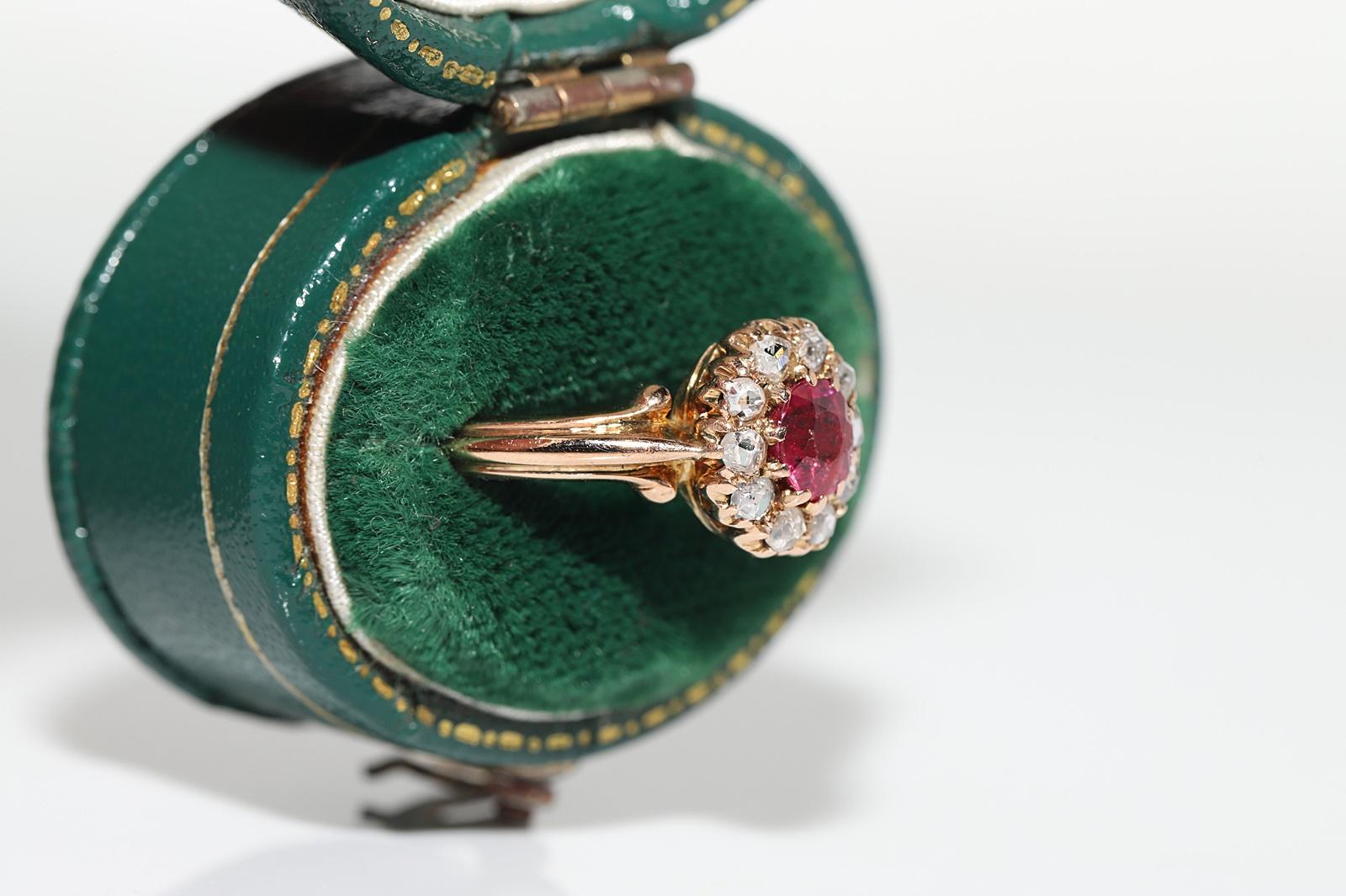 Victorian Antique Circa 1900s 14k Gold Natural Rose Cut Diamond And Ruby Decorated Ring