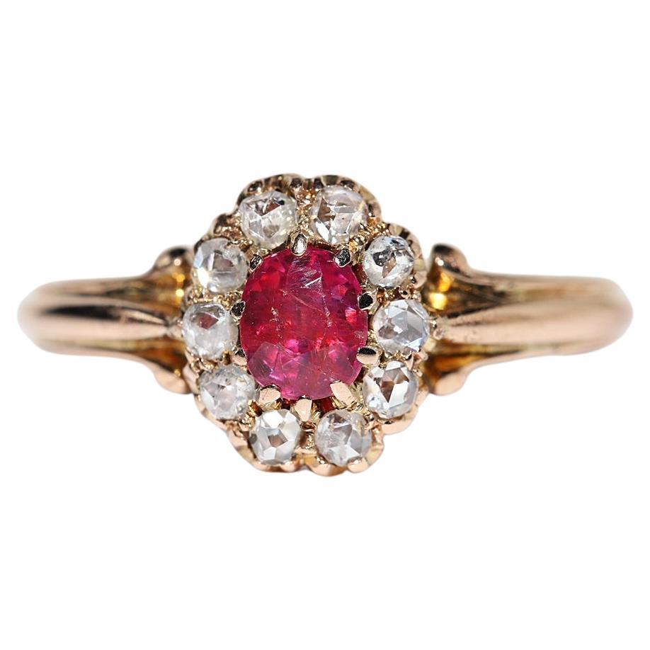 Antique Circa 1900s 14k Gold Natural Rose Cut Diamond And Ruby Decorated Ring For Sale