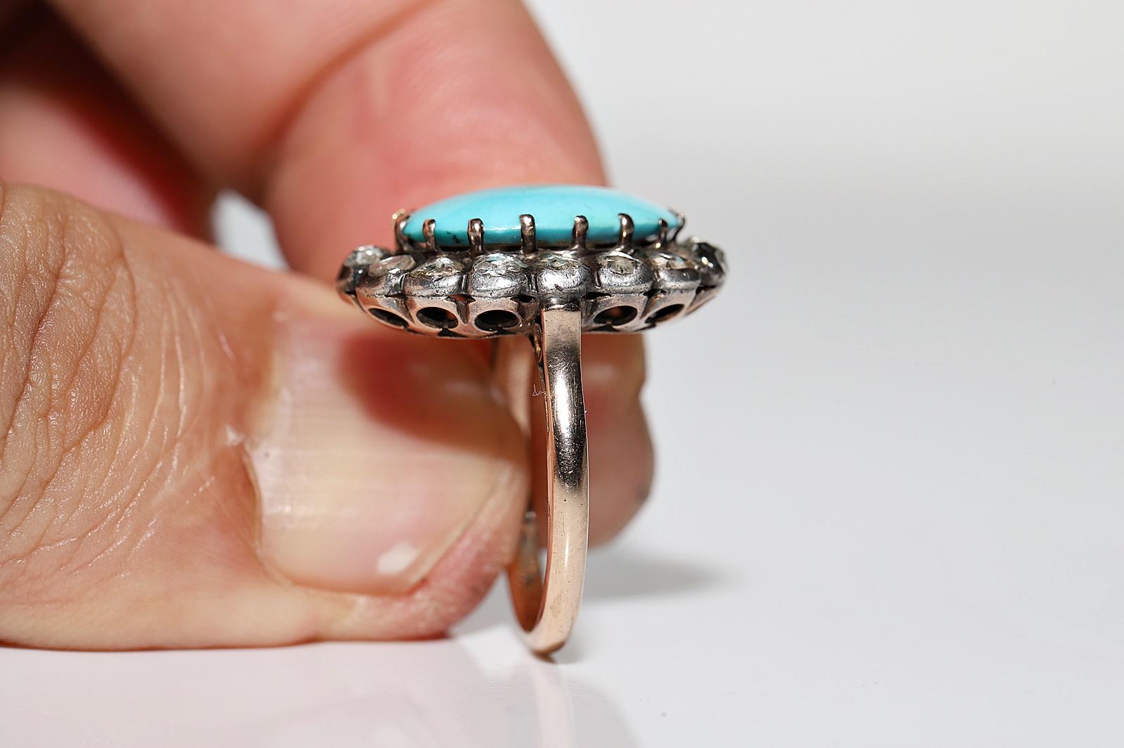 Antique Circa 1900s 14k Gold Natural Rose Cut Diamond And Turquoise Ring  For Sale 5
