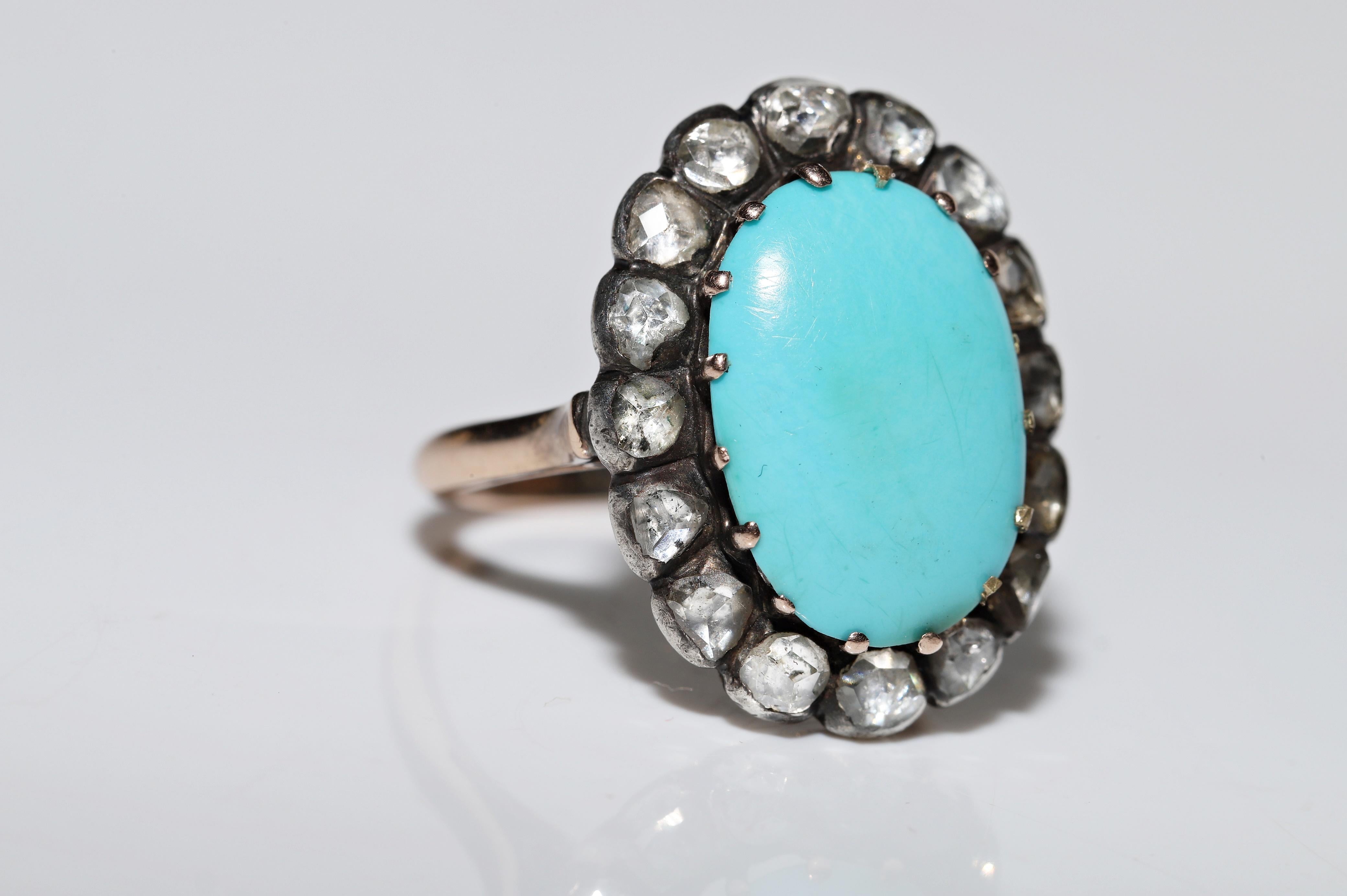 Antique Circa 1900s 14k Gold Natural Rose Cut Diamond And Turquoise Ring  For Sale 7