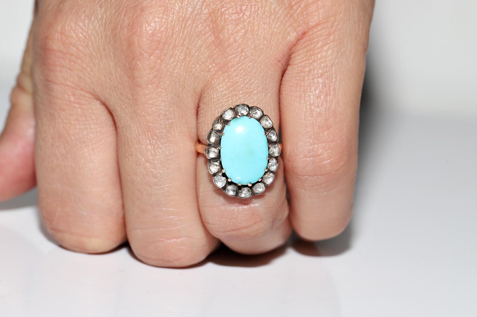 Late Victorian Antique Circa 1900s 14k Gold Natural Rose Cut Diamond And Turquoise Ring  For Sale