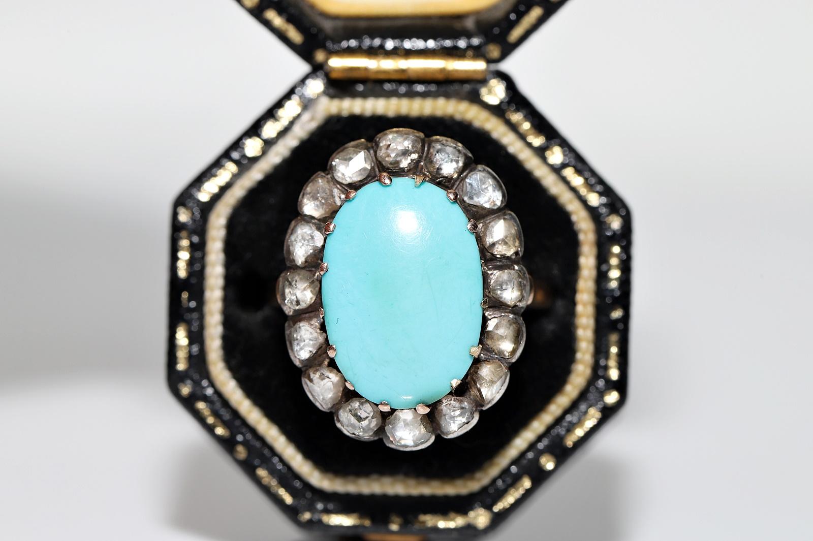 Women's Antique Circa 1900s 14k Gold Natural Rose Cut Diamond And Turquoise Ring  For Sale
