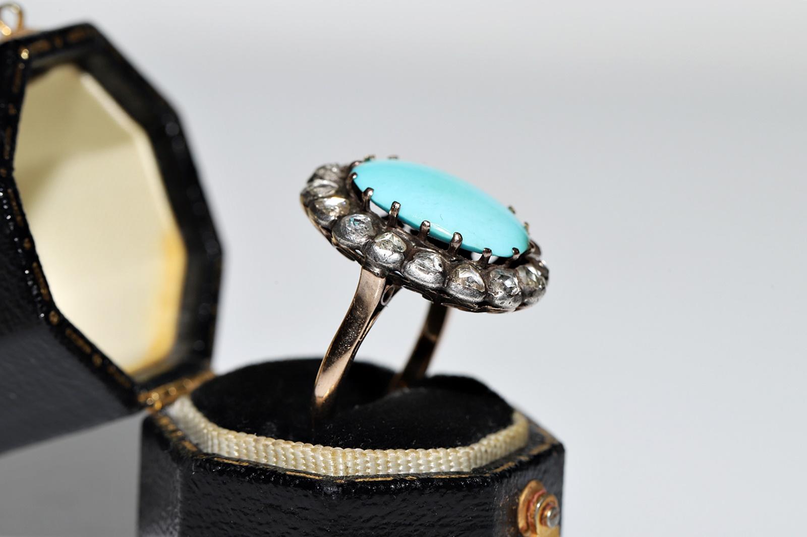 Antique Circa 1900s 14k Gold Natural Rose Cut Diamond And Turquoise Ring  For Sale 1