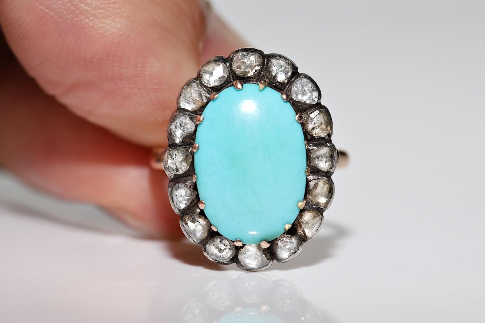 Antique Circa 1900s 14k Gold Natural Rose Cut Diamond And Turquoise Ring  For Sale 2