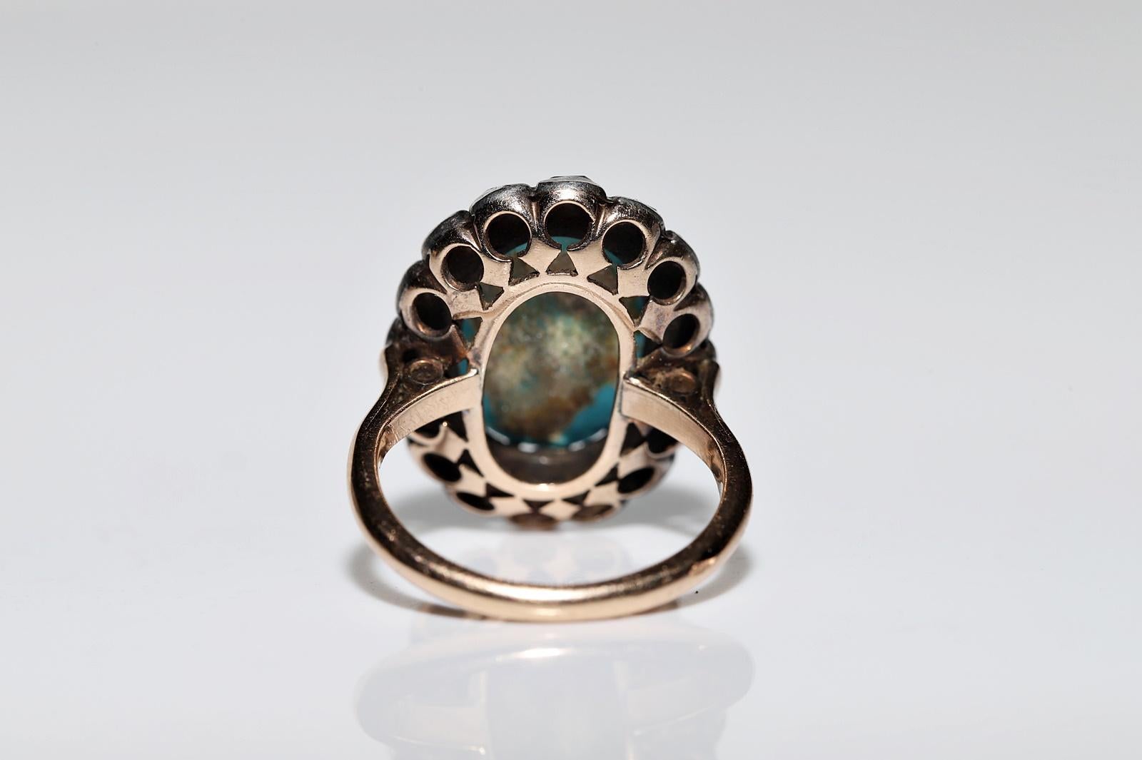 Antique Circa 1900s 14k Gold Natural Rose Cut Diamond And Turquoise Ring  For Sale 4
