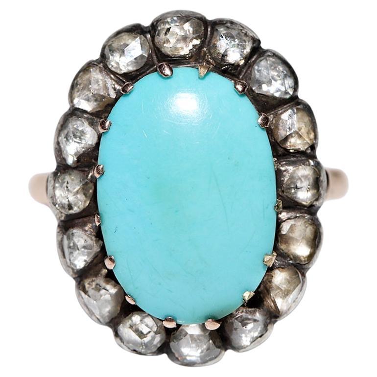 Antique Circa 1900s 14k Gold Natural Rose Cut Diamond And Turquoise Ring  For Sale
