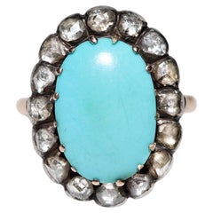 Vintage Circa 1900s 14k Gold Natural Rose Cut Diamond And Turquoise Ring 