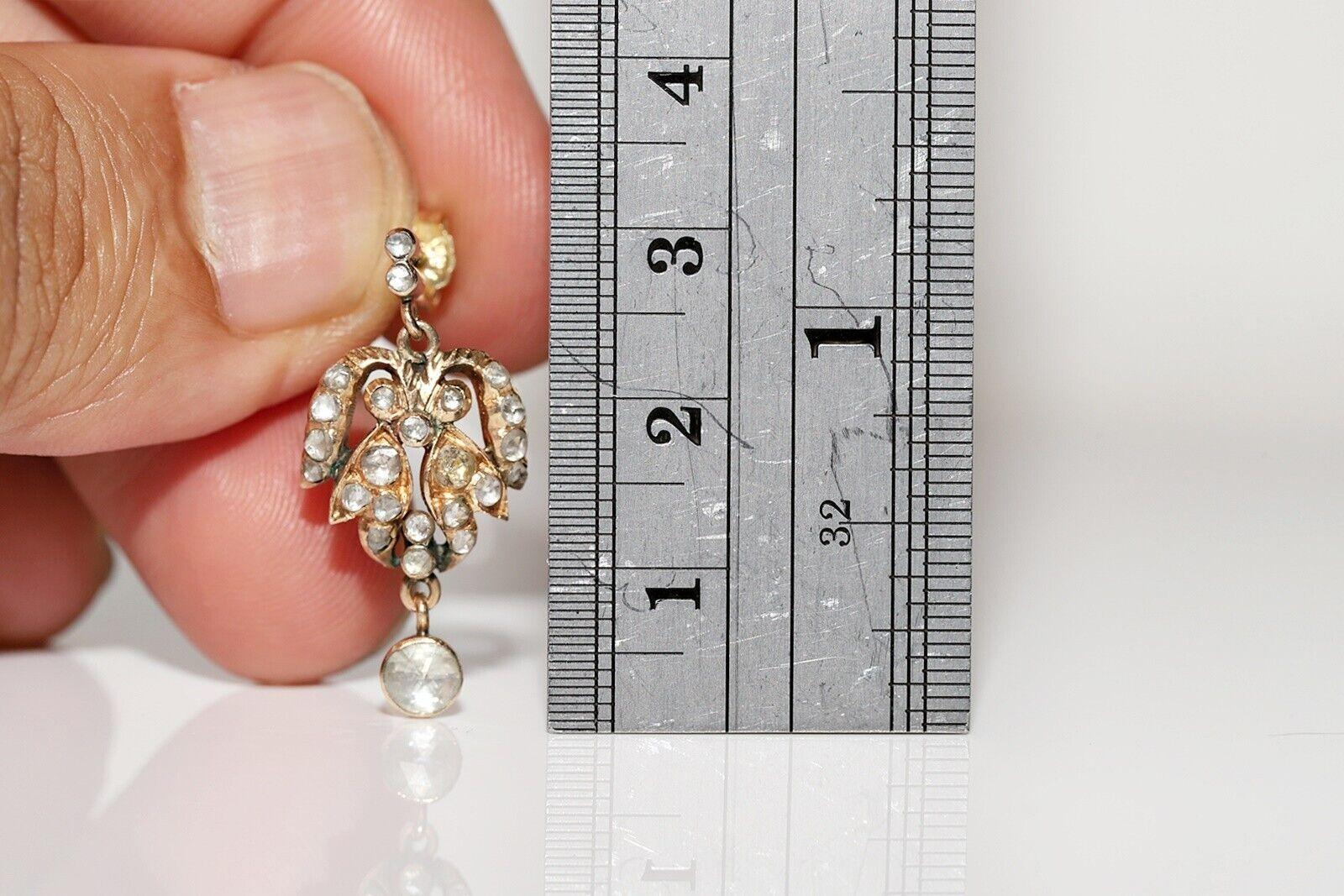 Antique Circa 1900s 14k Gold Natural Rose Cut Diamond Decorated Drop Earring For Sale 5