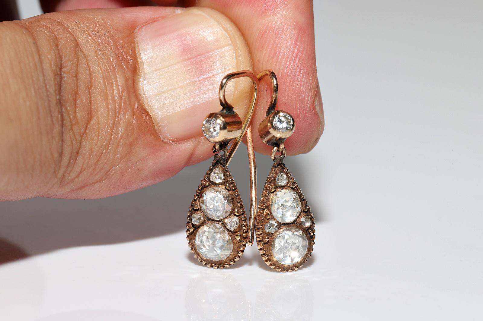 Antique Circa 1900s 14k Gold Natural Rose Cut Diamond Decorated Drop Earring For Sale 5