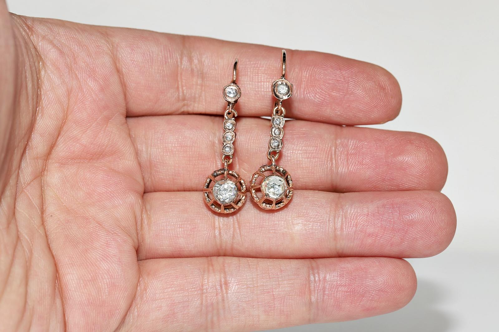 Antique Circa 1900s 14k Gold Natural Rose Cut Diamond Decorated Drop Earring For Sale 6
