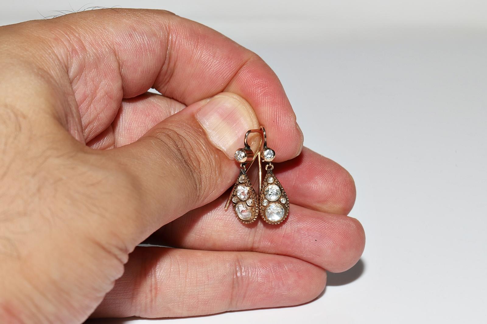 Antique Circa 1900s 14k Gold Natural Rose Cut Diamond Decorated Drop Earring For Sale 6