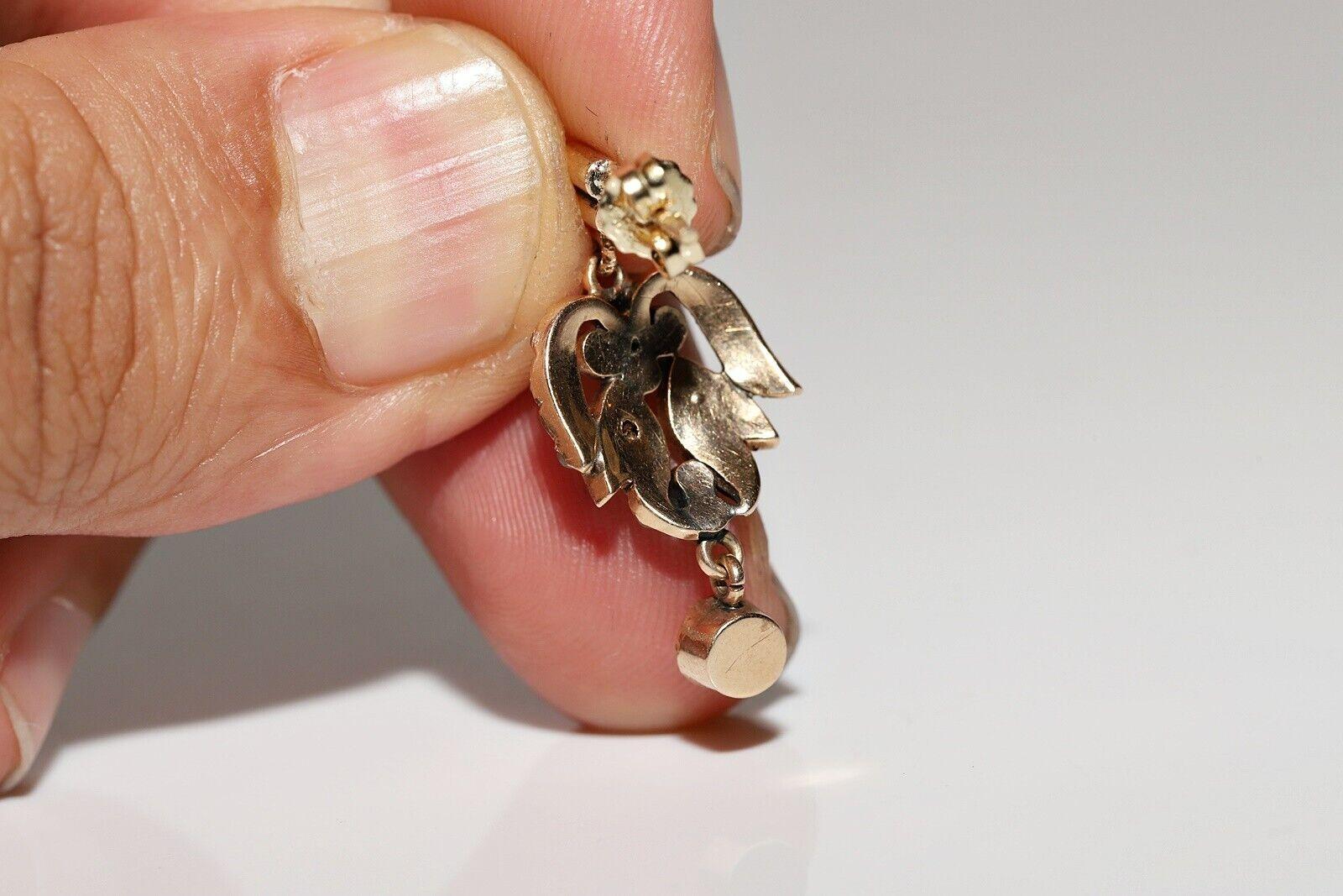 Antiguo Circa 1900s Oro 14k Diamante natural talla rosa decorado Pendiente de gota en venta 6