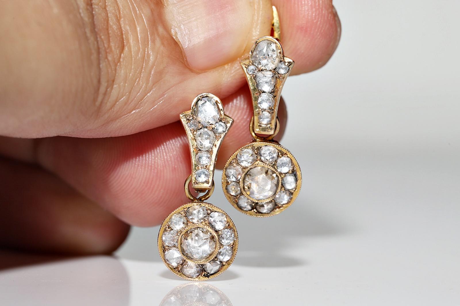 Antiker 14k Gold natürlicher Rosenschliff Diamant-Dekor-Tropfen-Ohrring, um 1900er Jahre im Angebot 8