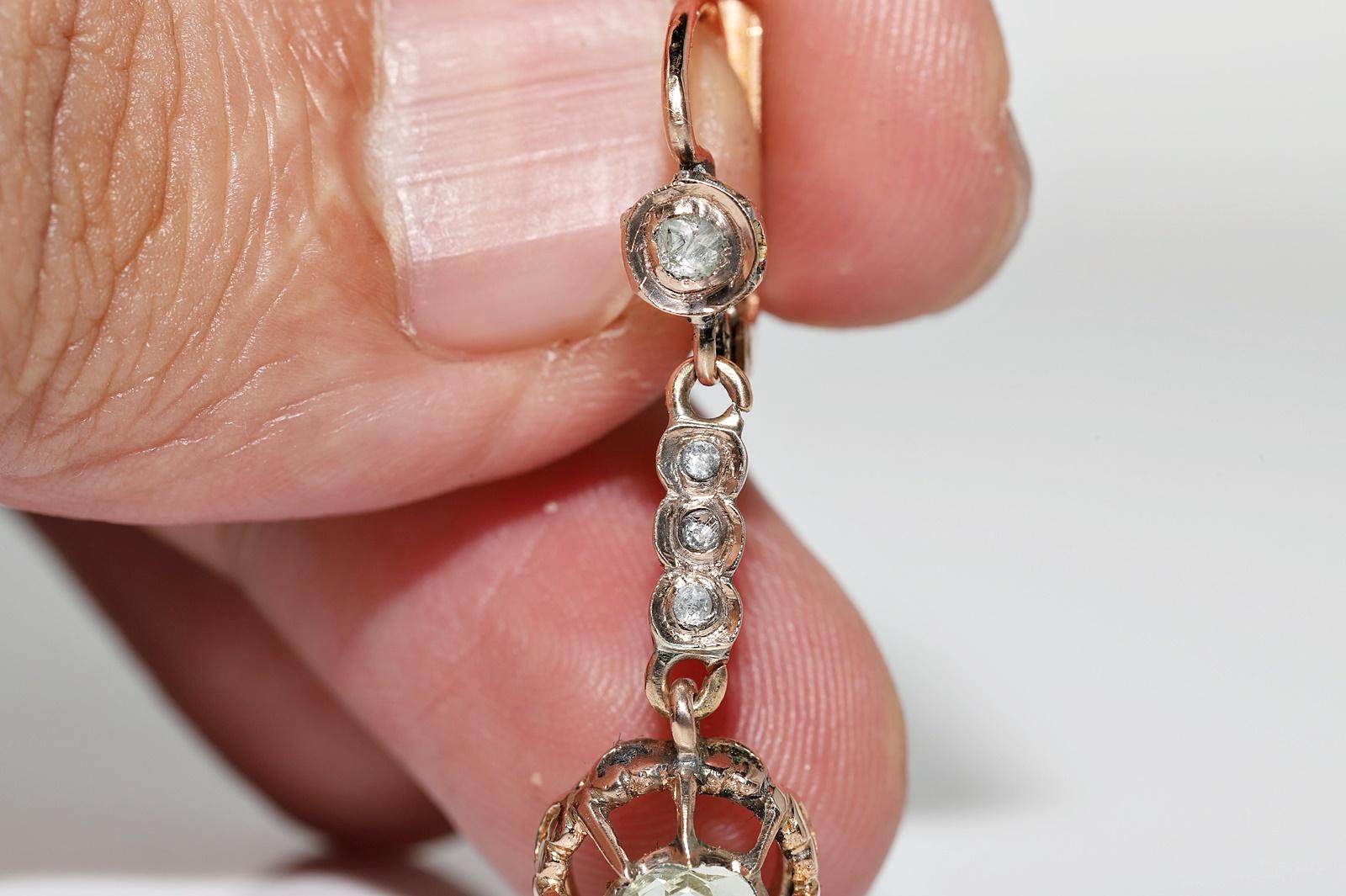 Antique Circa 1900s 14k Gold Natural Rose Cut Diamond Decorated Drop Earring For Sale 8