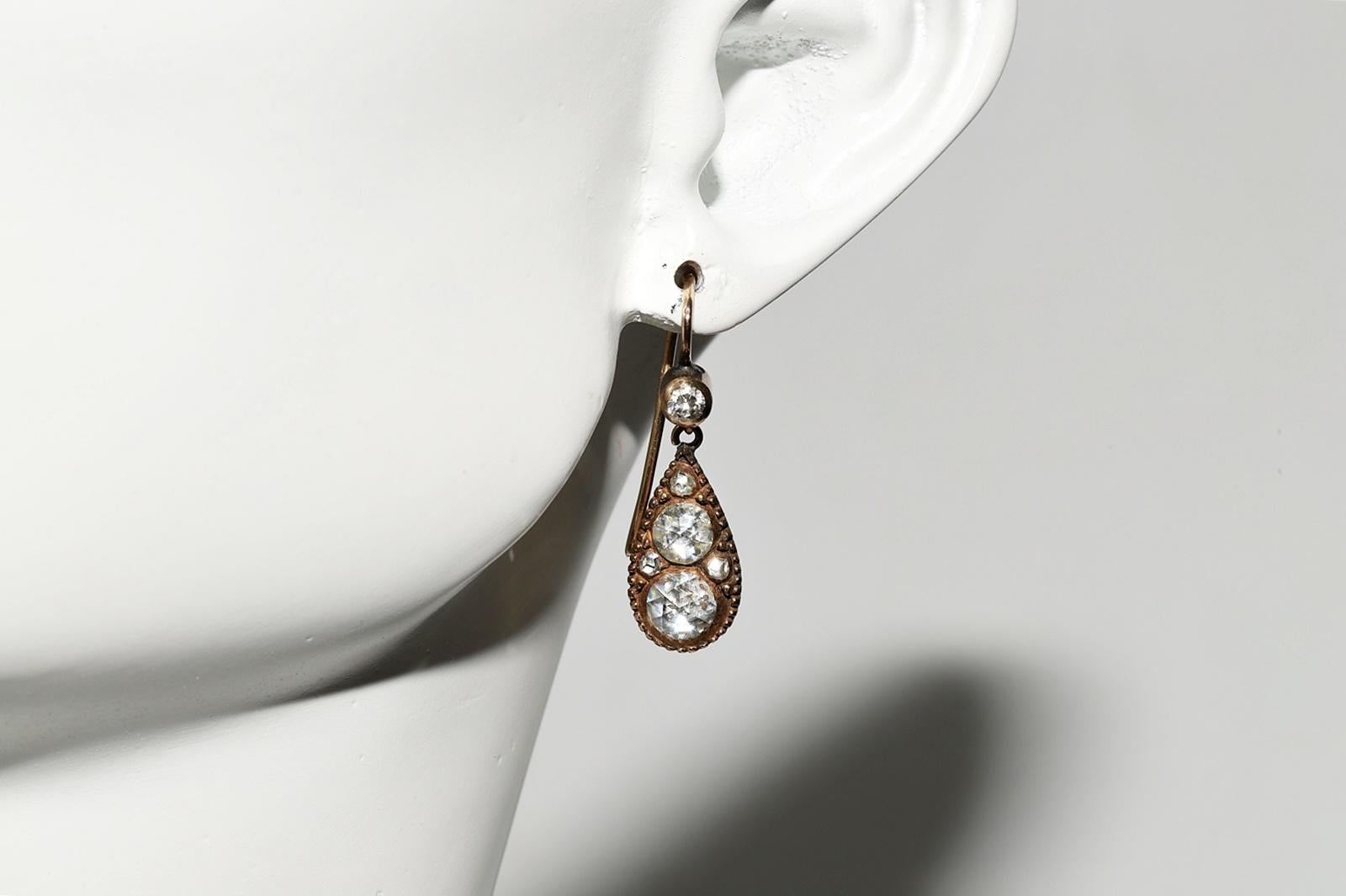 Antique Circa 1900s 14k Gold Natural Rose Cut Diamond Decorated Drop Earring For Sale 9