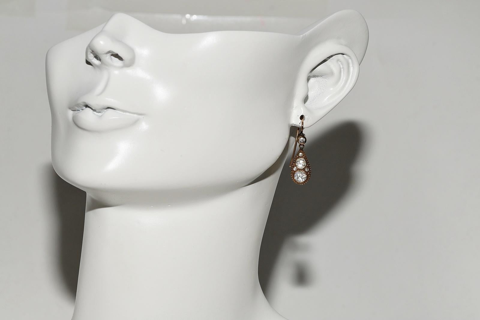 Antique Circa 1900s 14k Gold Natural Rose Cut Diamond Decorated Drop Earring For Sale 10