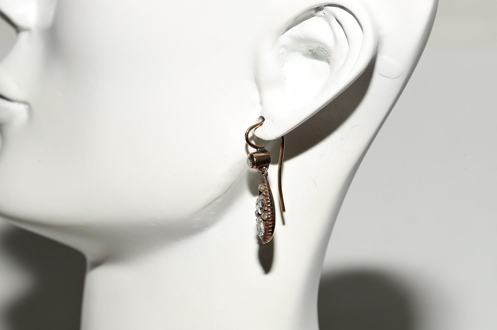 Antique Circa 1900s 14k Gold Natural Rose Cut Diamond Decorated Drop Earring For Sale 11