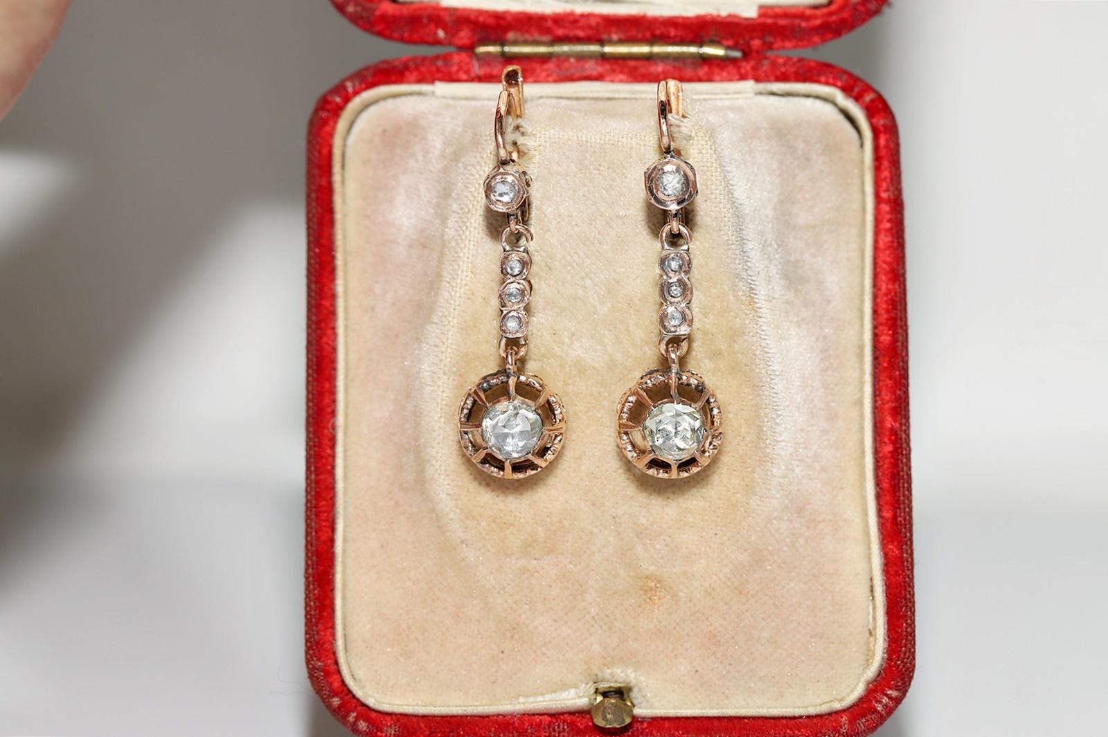 Victorian Antique Circa 1900s 14k Gold Natural Rose Cut Diamond Decorated Drop Earring For Sale