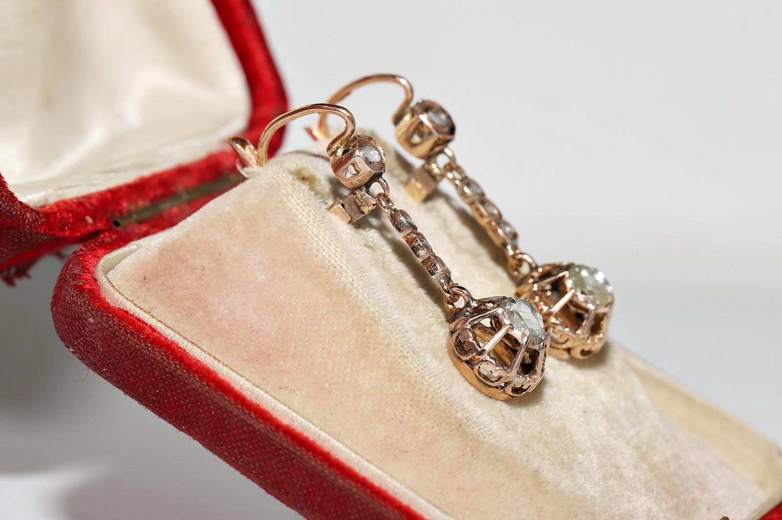 Antique Circa 1900s 14k Gold Natural Rose Cut Diamond Decorated Drop Earring In Good Condition For Sale In Fatih/İstanbul, 34