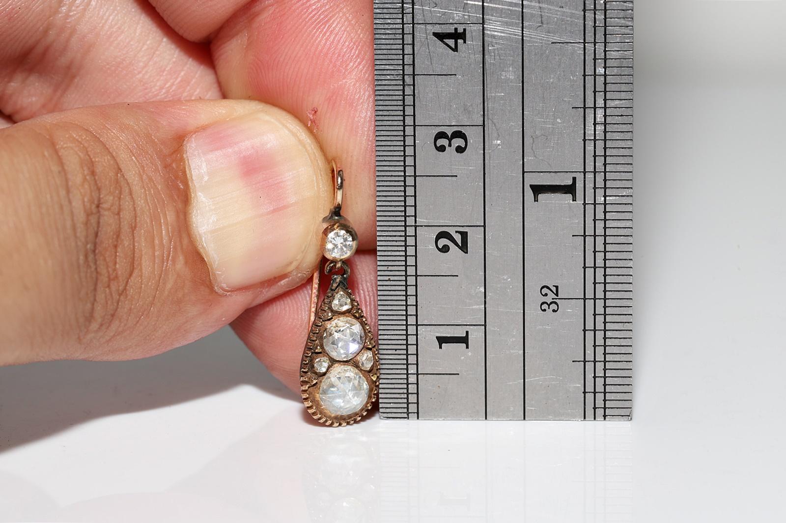 Antique Circa 1900s 14k Gold Natural Rose Cut Diamond Decorated Drop Earring In Good Condition For Sale In Fatih/İstanbul, 34