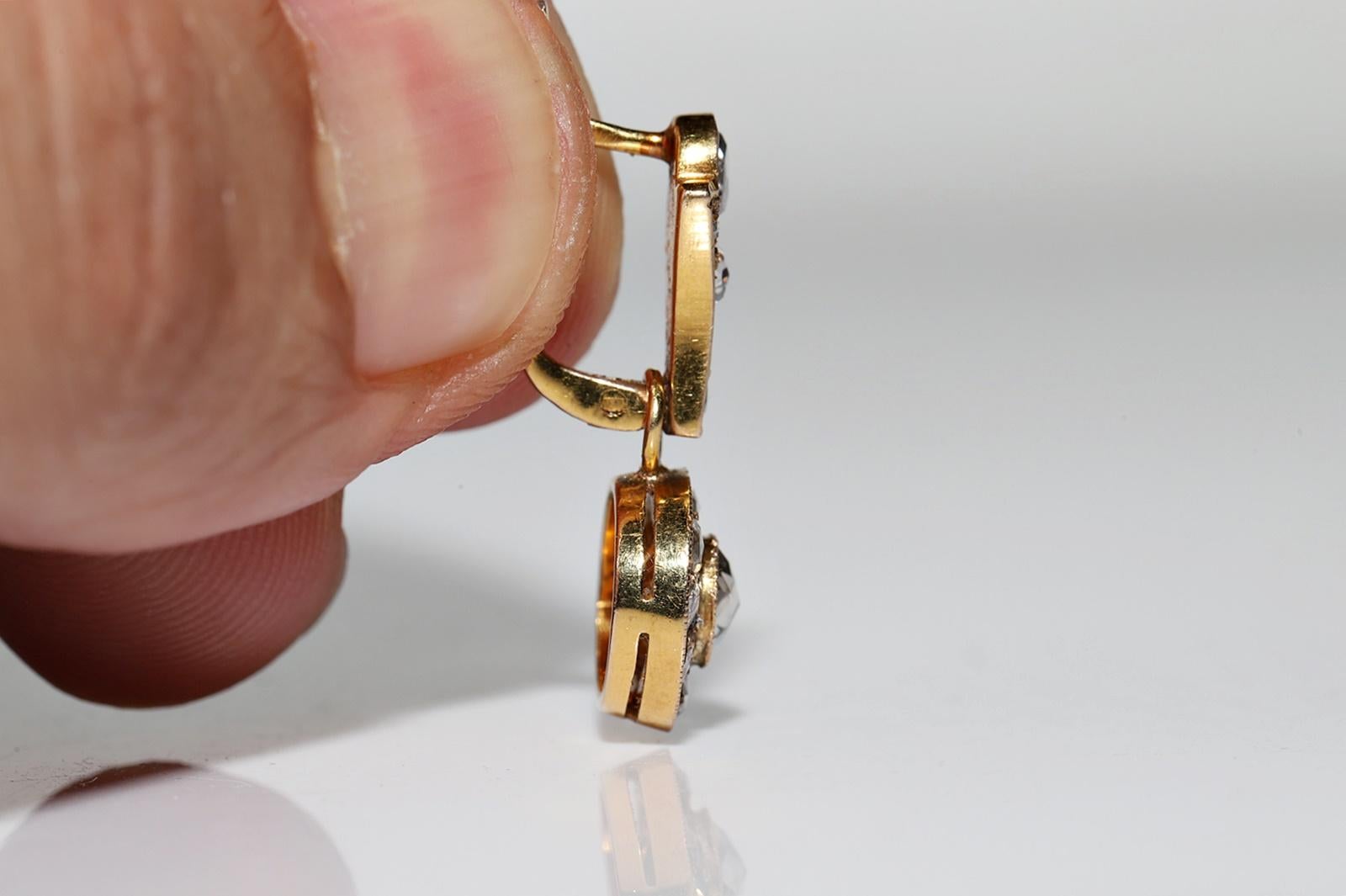 Antiker 14k Gold natürlicher Rosenschliff Diamant-Dekor-Tropfen-Ohrring, um 1900er Jahre Damen im Angebot