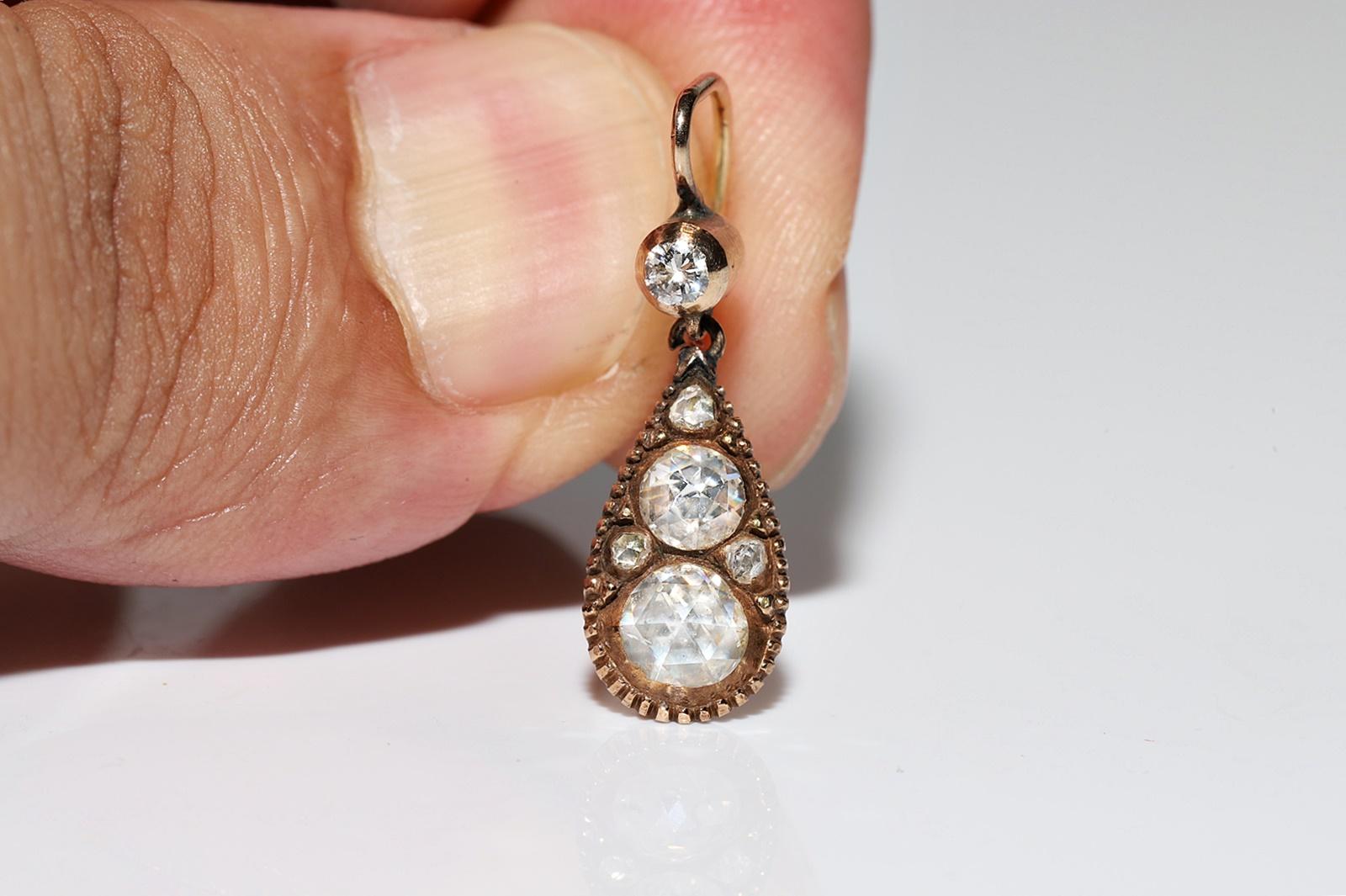 Women's Antique Circa 1900s 14k Gold Natural Rose Cut Diamond Decorated Drop Earring For Sale