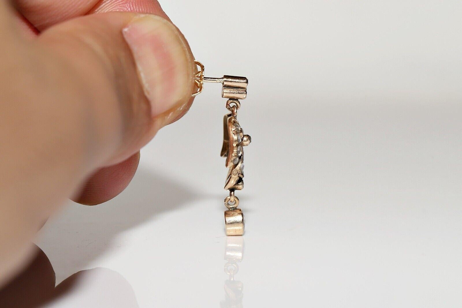 Femenino o masculino Antiguo Circa 1900s Oro 14k Diamante natural talla rosa decorado Pendiente de gota en venta