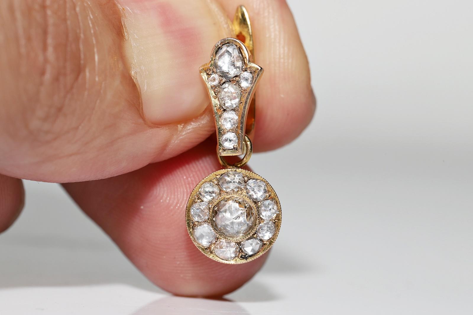 Antique Circa 1900s 14k Gold Natural Rose Cut Diamond Decorated Drop Earring For Sale 1