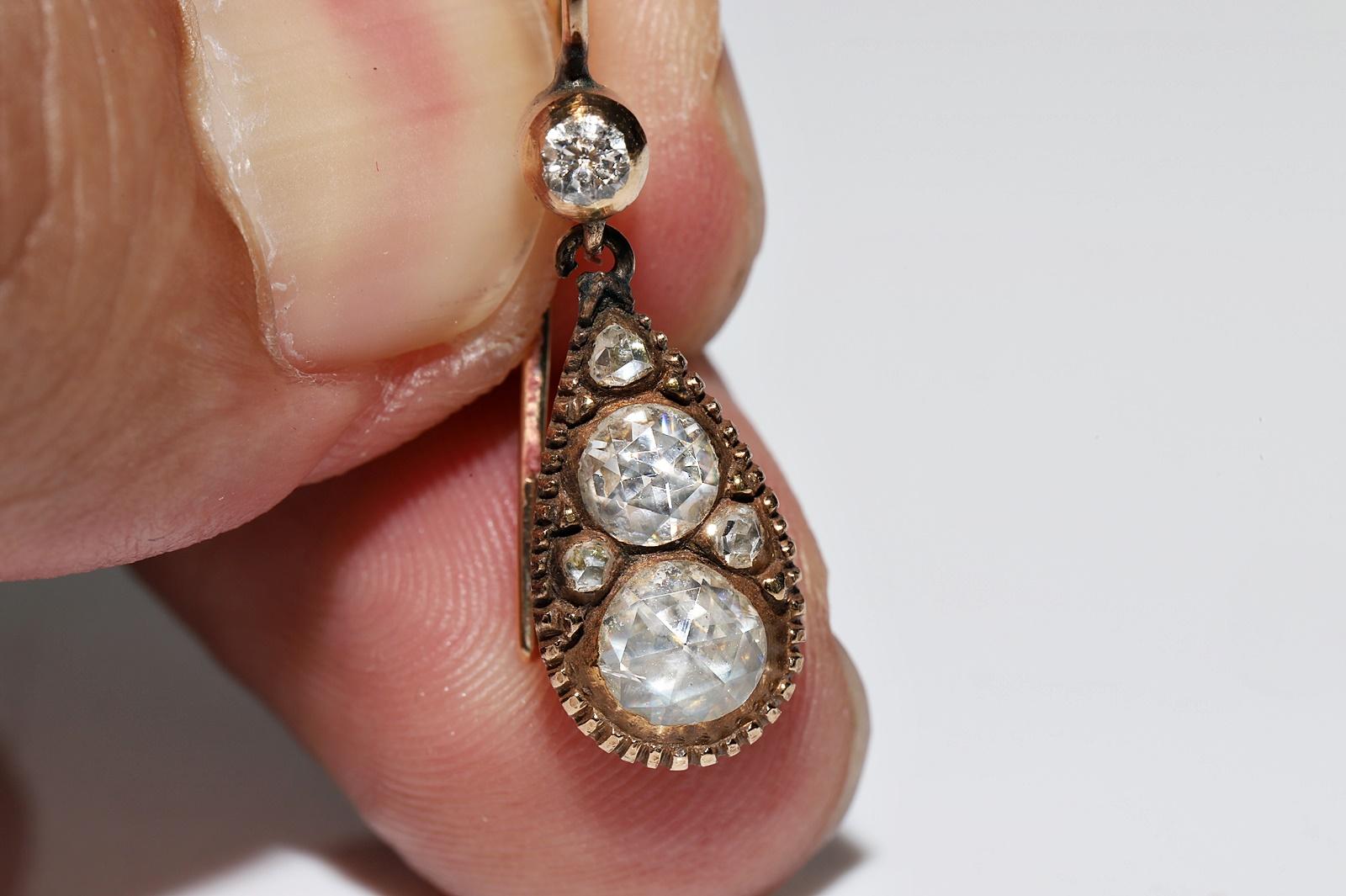 Antique Circa 1900s 14k Gold Natural Rose Cut Diamond Decorated Drop Earring For Sale 1