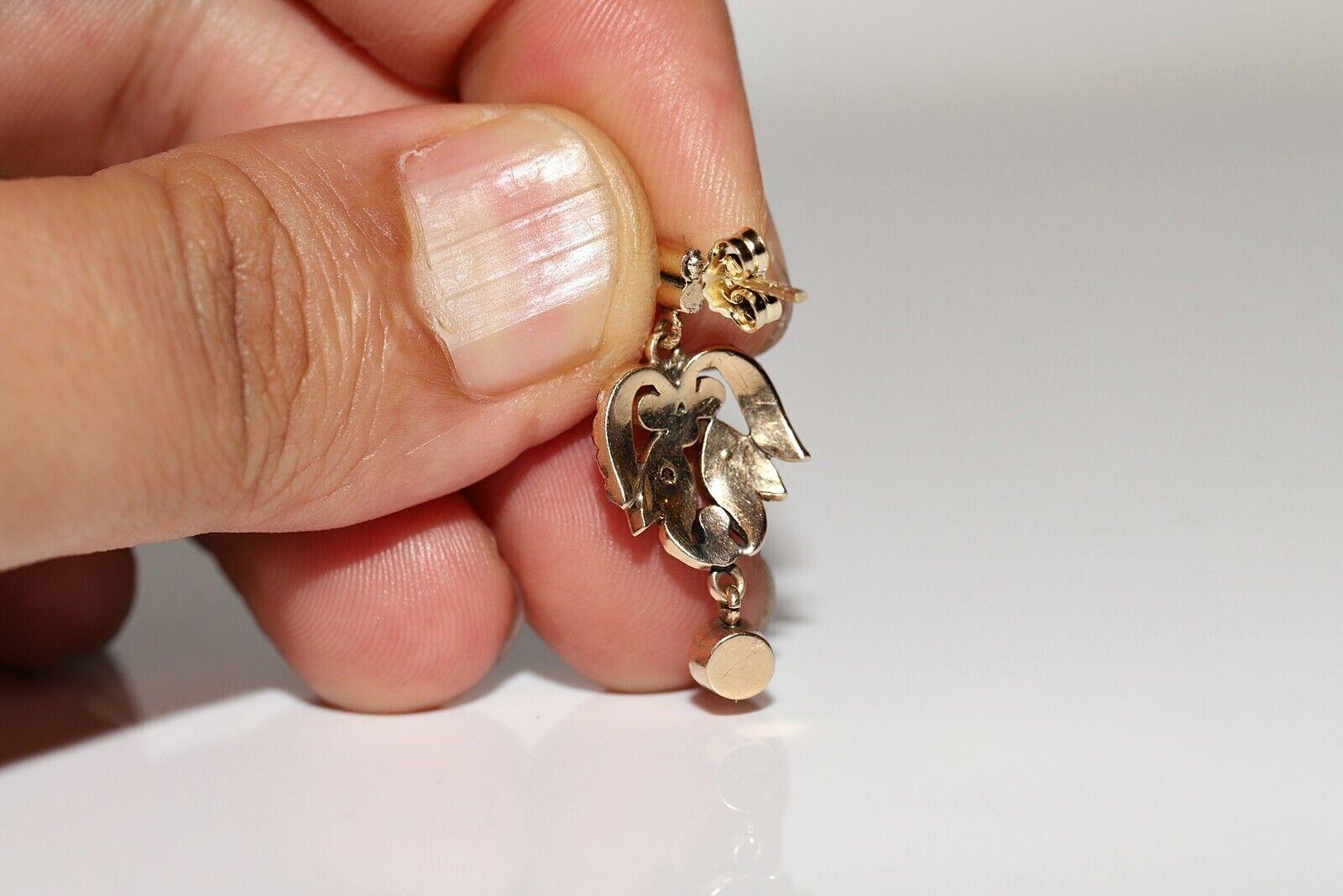 Antiguo Circa 1900s Oro 14k Diamante natural talla rosa decorado Pendiente de gota en venta 1