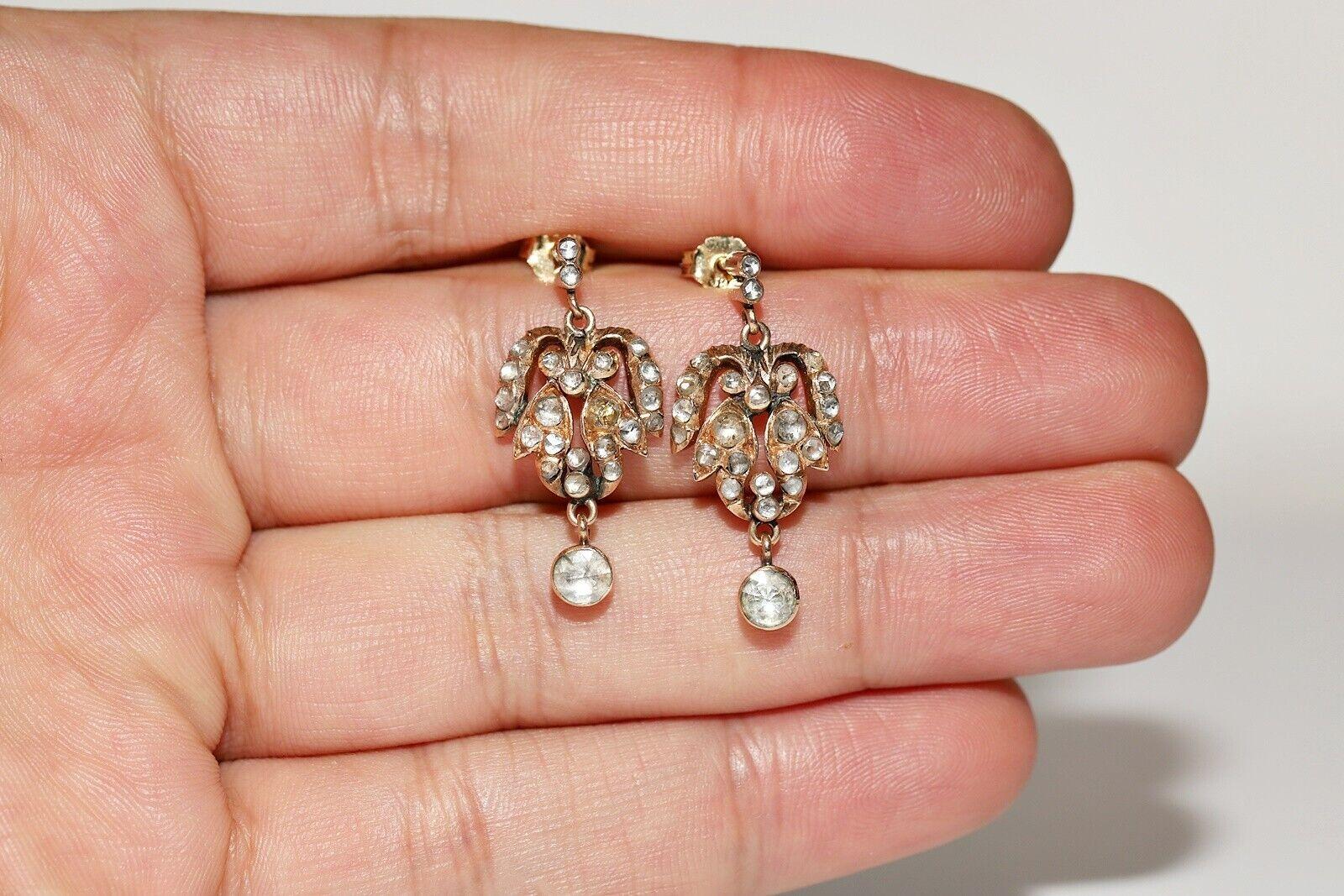 Antique Circa 1900s 14k Gold Natural Rose Cut Diamond Decorated Drop Earring For Sale 4