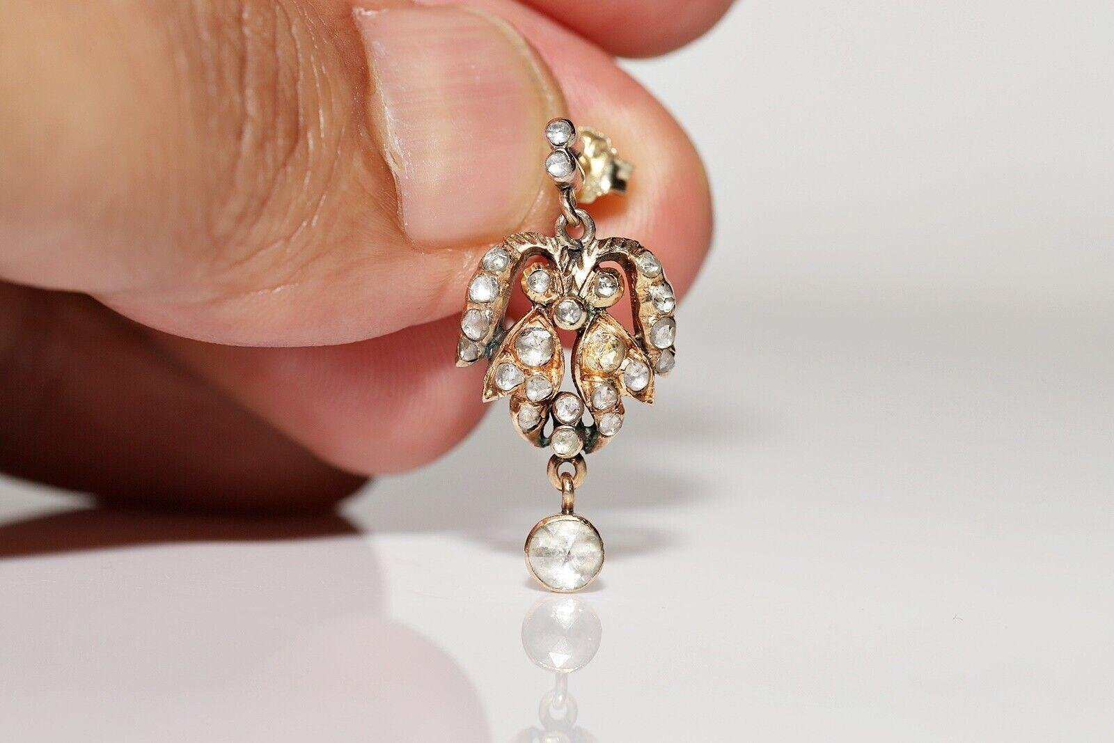 Antique Circa 1900s 14k Gold Natural Rose Cut Diamond Decorated Drop Earring For Sale 4
