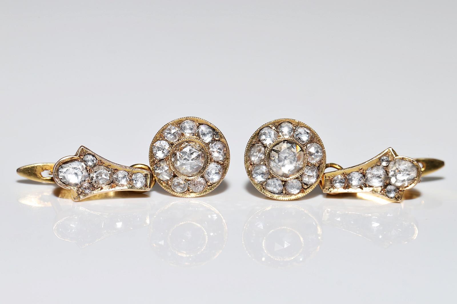 Antique Circa 1900s 14k Gold Natural Rose Cut Diamond Decorated Drop Earring For Sale 4