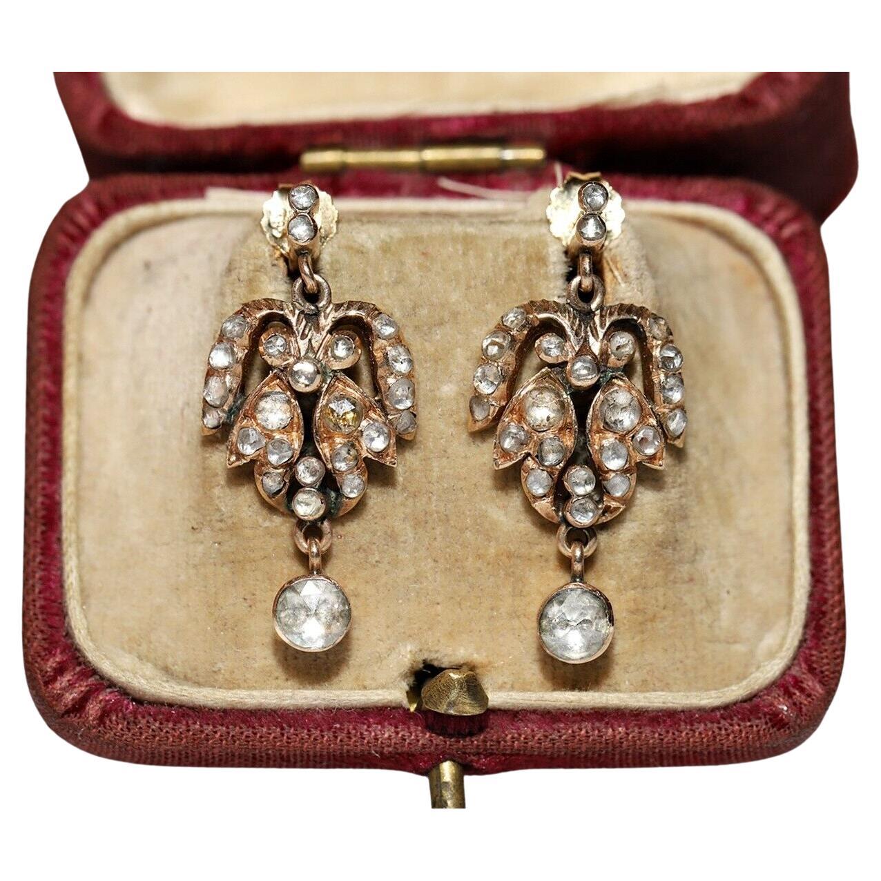Antique Circa 1900s 14k Gold Natural Rose Cut Diamond Decorated Drop Earring For Sale