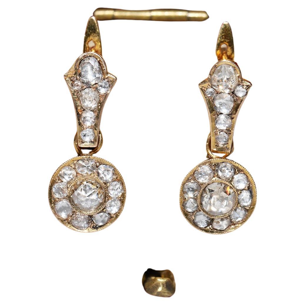 Antique Circa 1900s 14k Gold Natural Rose Cut Diamond Decorated Drop Earring For Sale