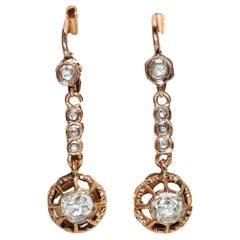Boucles d'oreilles pendantes anciennes des années 1900 en or 14 carats décorées de diamants naturels taille rose