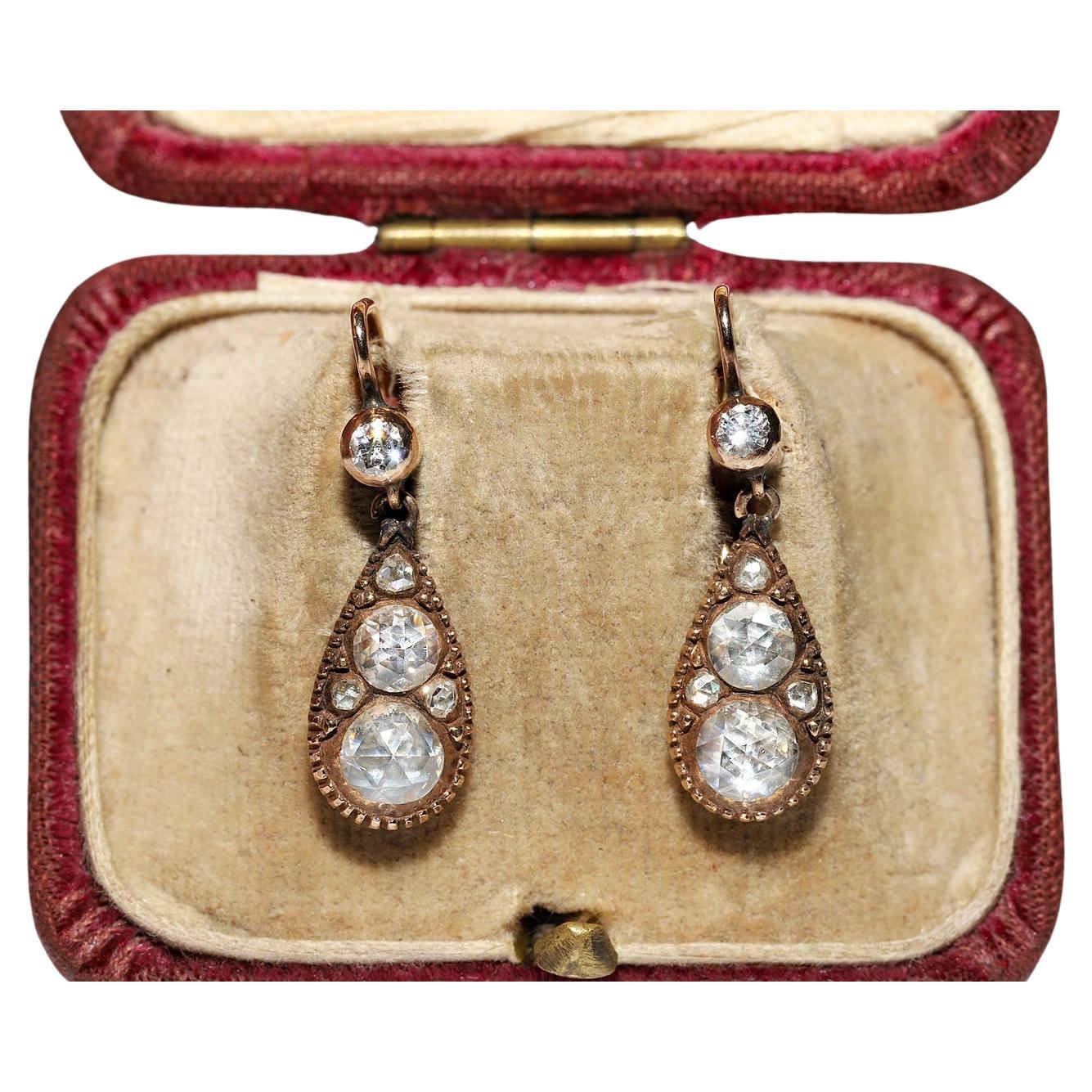 Antique Circa 1900s 14k Gold Natural Rose Cut Diamond Decorated Drop Earring