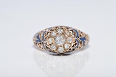 Antique Circa 1900s 14k Gold Natural Rose Cut Diamond Decorated Enamel Ring