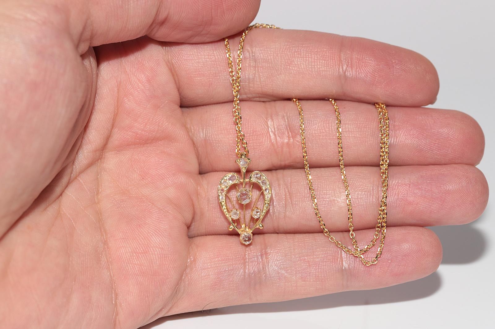 Antique Circa 1900s 14k Gold Natural Rose Cut Diamond Decorated Pendant Necklace For Sale 5