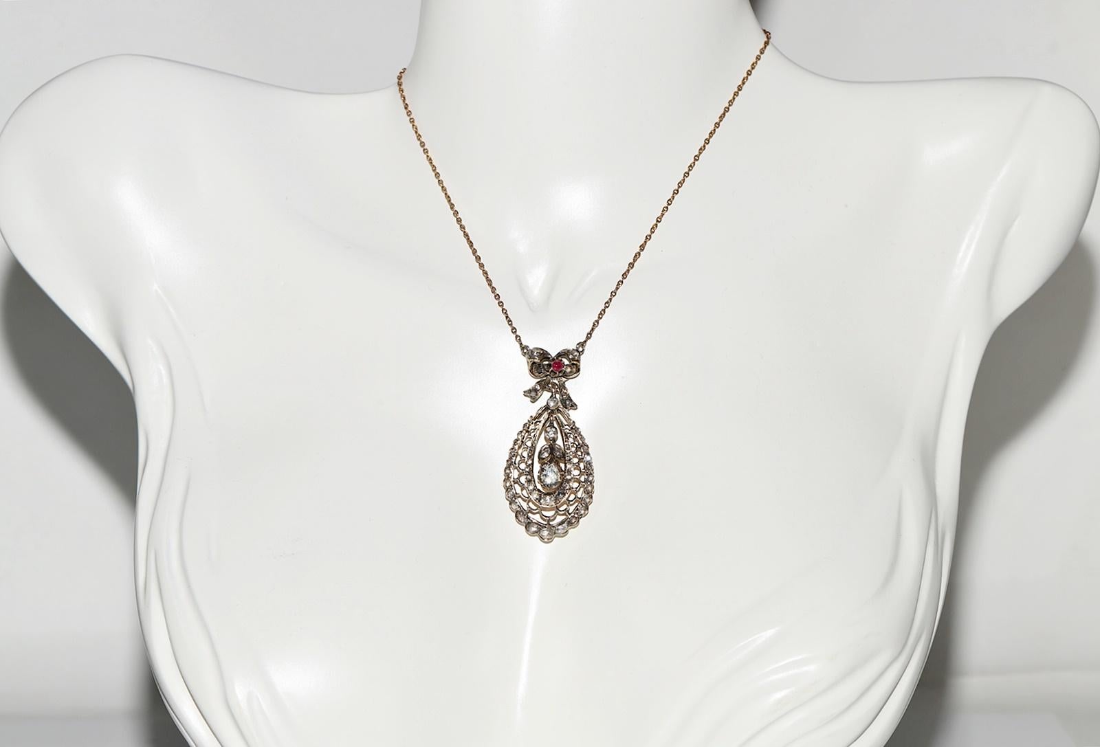 In very good condition.
Total weight is 7.6 grams.
Totally is diamond 1.50 ct.
The diamond is has H-I-J-K-L-M-N color and s1-s2-s3-Pique1-2 clarity.
Totally is ruby 0.08 ct.
Total lenght is chain 45.
Acid tested to be 14k real gold.
Please contact