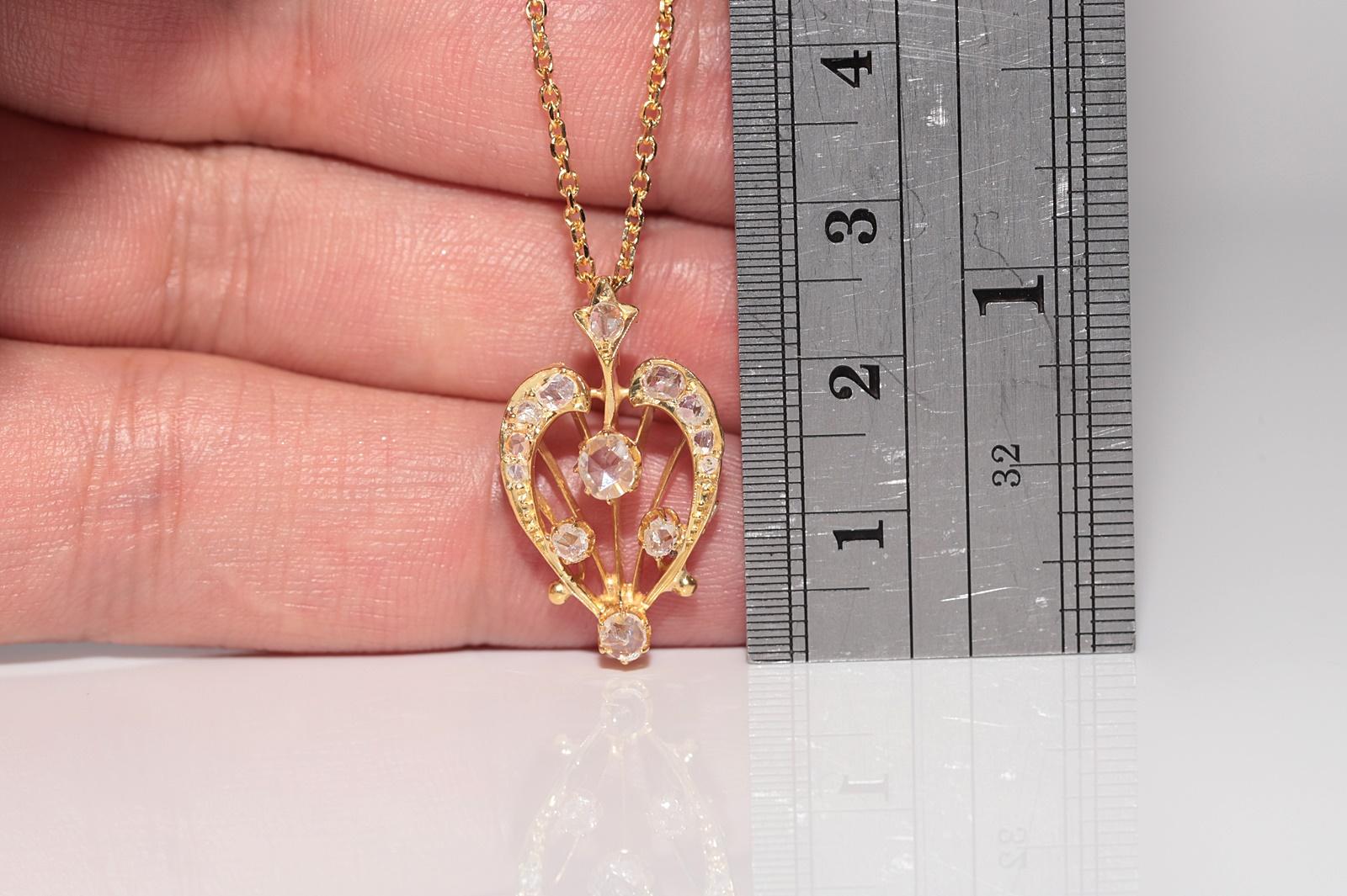 Antique Circa 1900s 14k Gold Natural Rose Cut Diamond Decorated Pendant Necklace For Sale 1