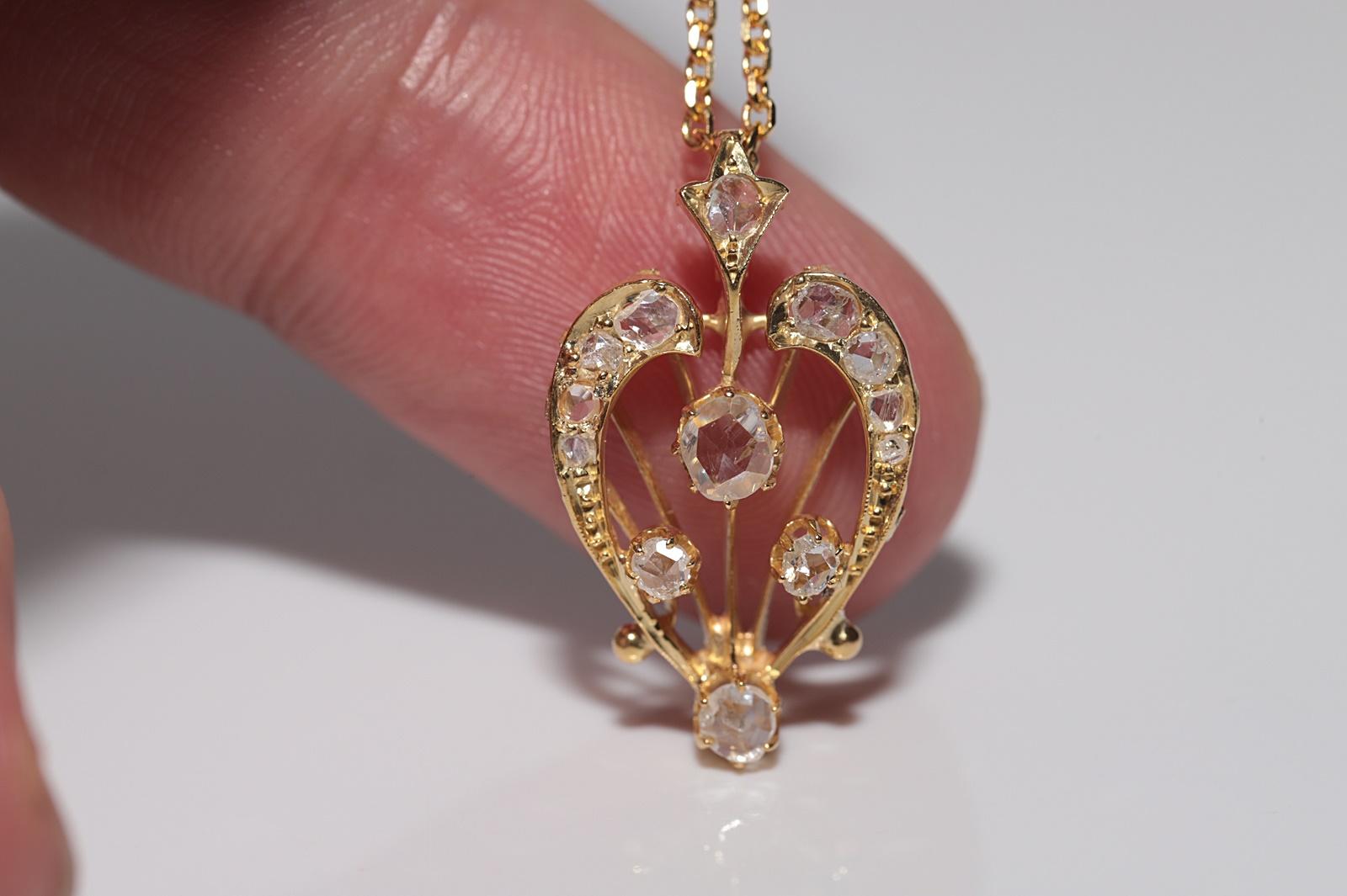 Antique Circa 1900s 14k Gold Natural Rose Cut Diamond Decorated Pendant Necklace For Sale 2