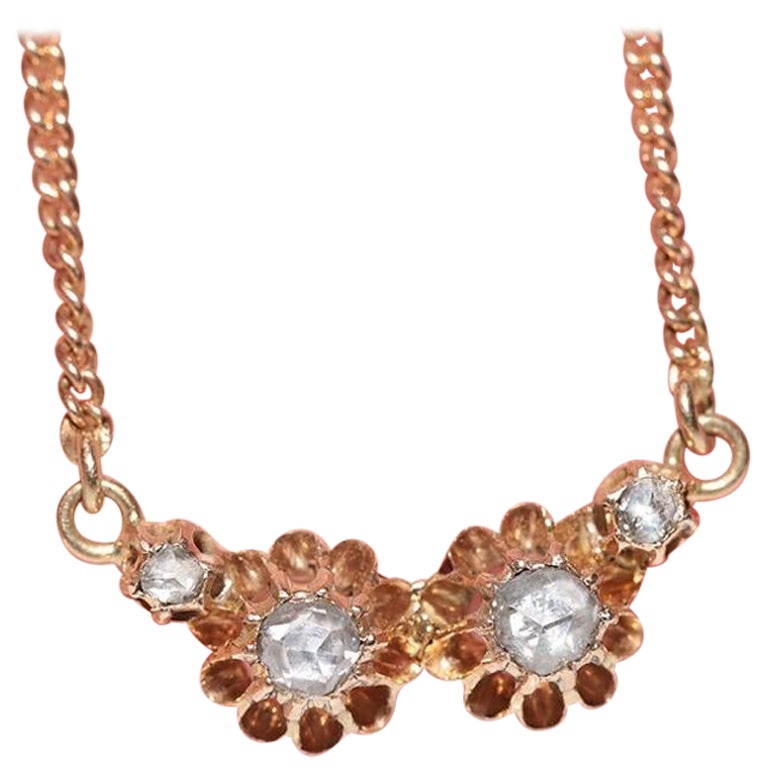 Collier pendentif ancien des années 1900 en or 14 carats décoré de diamants naturels taille rose