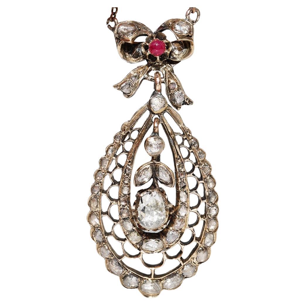 Antique Circa 1900s 14k Gold Natural Rose Cut Diamond Decorated Pendant Necklace