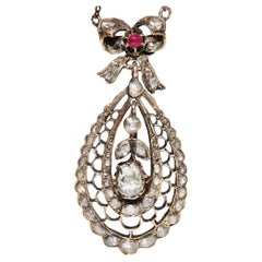 Antique Circa 1900s 14k Gold Natural Rose Cut Diamond Decorated Pendant Necklace
