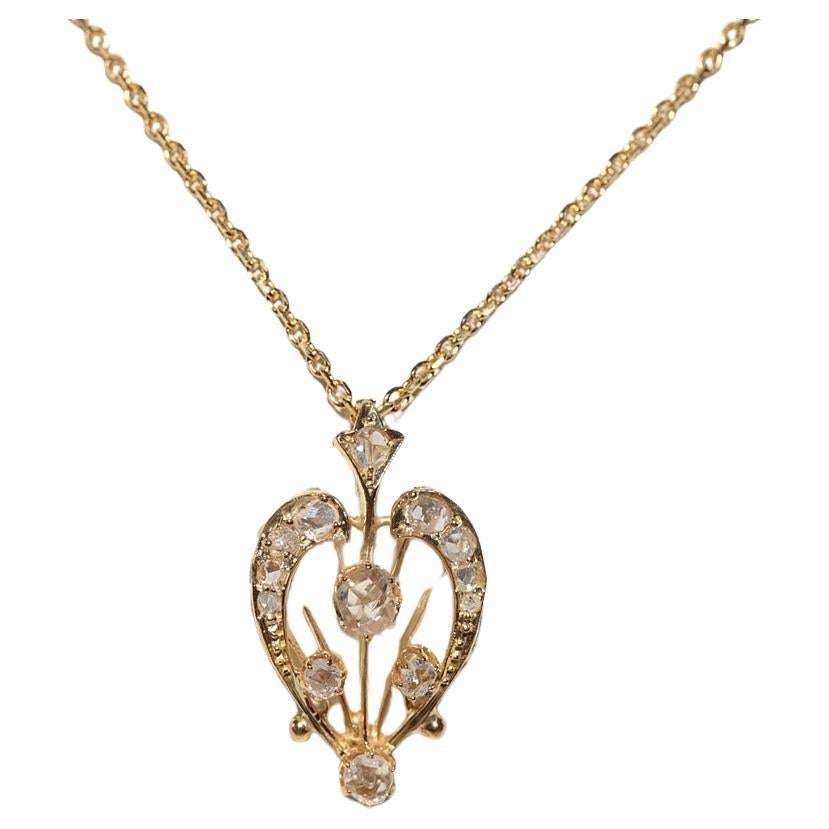 Antiguo Circa 1900s 14k Gold Natural Rose Cut Diamond Decorated Pendant Necklace