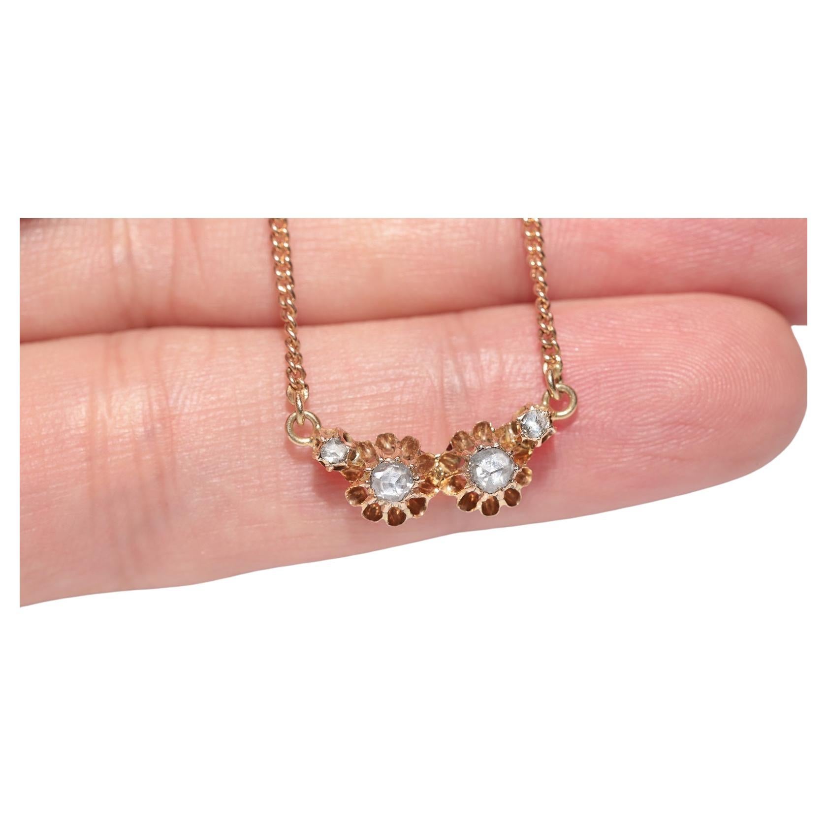 Antiguo Circa 1900s 14k Gold Natural Rose Cut Diamond Decorated Pendant Necklace