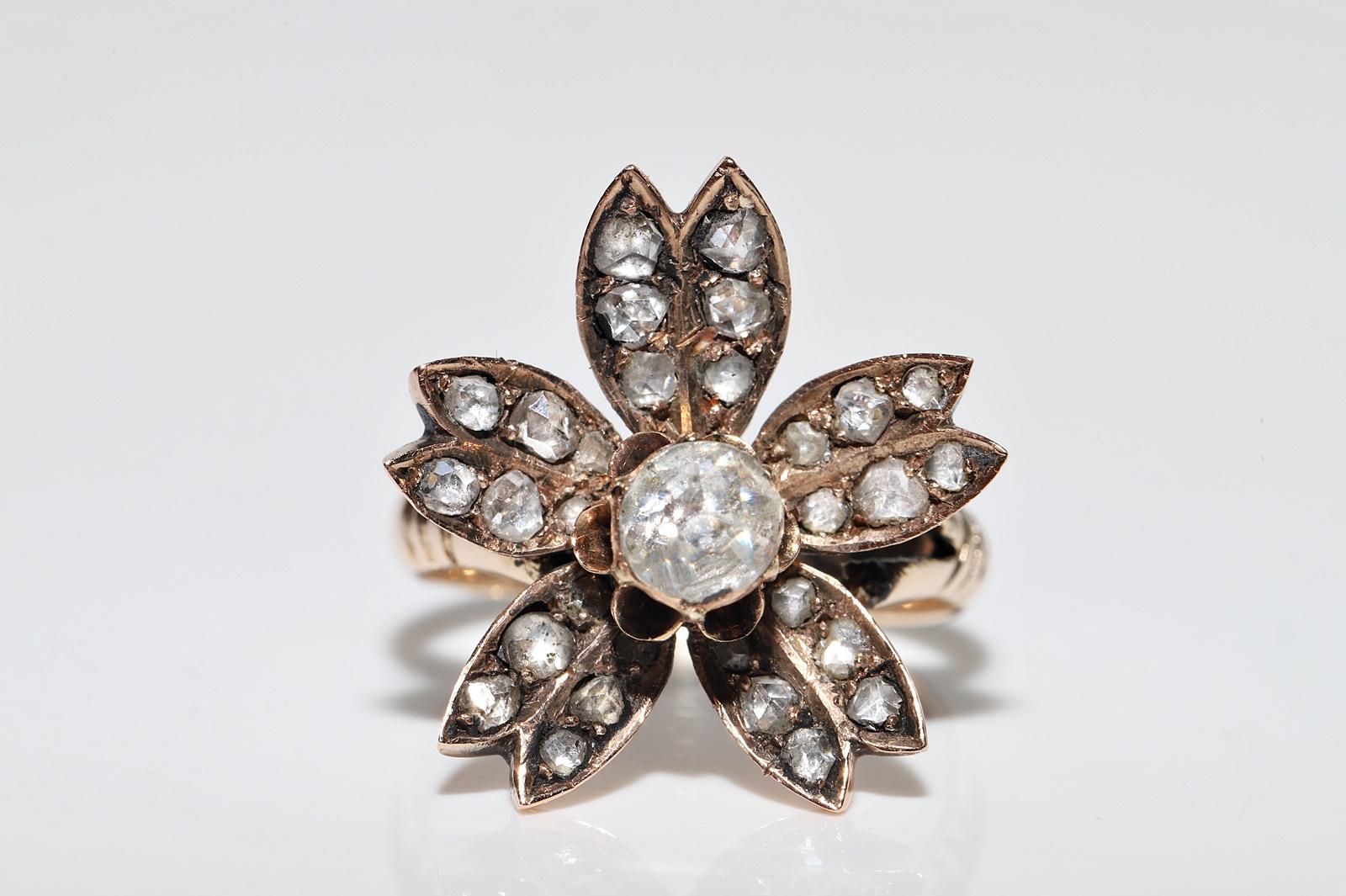 Victorien Bague ancienne des années 1900 en or 14 carats décorée de diamants naturels taille rose en vente