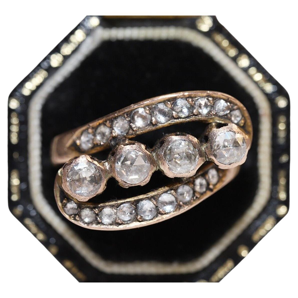 Antiker 14k Goldring mit natürlichem Diamanten im Rosenschliff, um 1900er Jahre, dekoriert